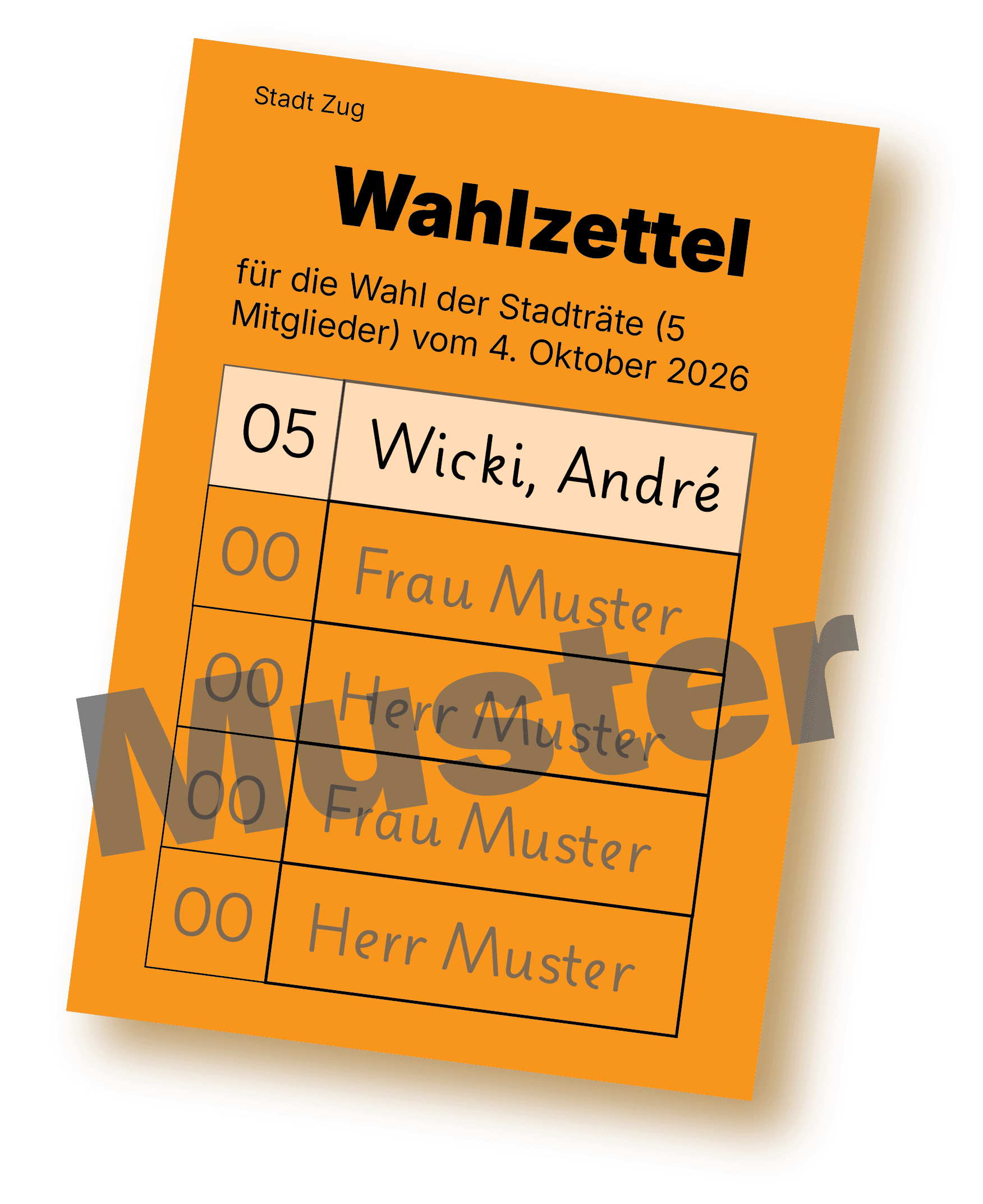 Muster-Wahlzettel: 05. Wicki, André zuoberst eingetragen